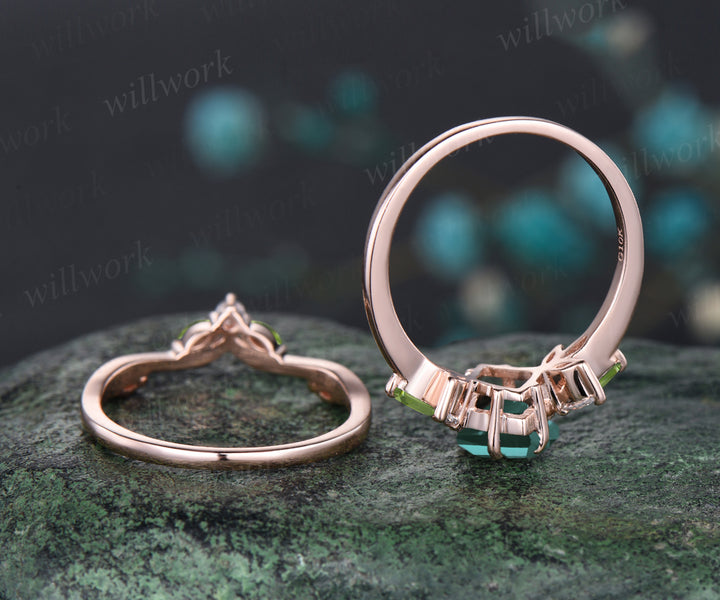 Vintage May Birthstone Kite Cut Emerald Engagement Ring Set Moissanite Peridot Cluster Wedding Ring 14k Rose Gold 2pcs Bridal Ring Set