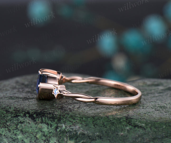 Round Cut September Birthstone Blue Sapphire Engagement Ring Unique Moon Star Twisted Ring Art Deco Opal Moonstone Anniversary Gift Women Jewelry
