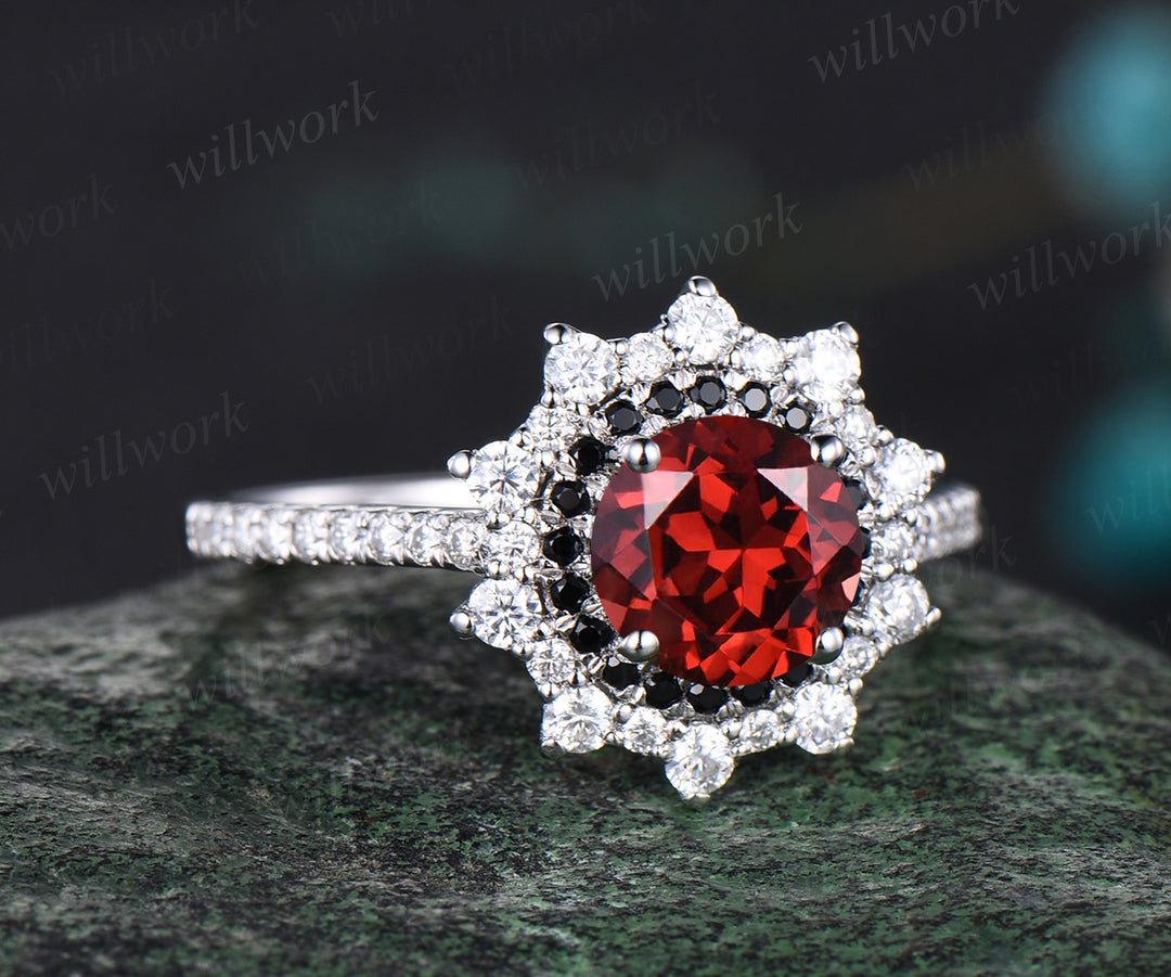January Birthstone Natural Garnet Engagement Ring Unique Round Cut Garnet Double Halo Black Diamond Spinel Moissanite Wedding Ring