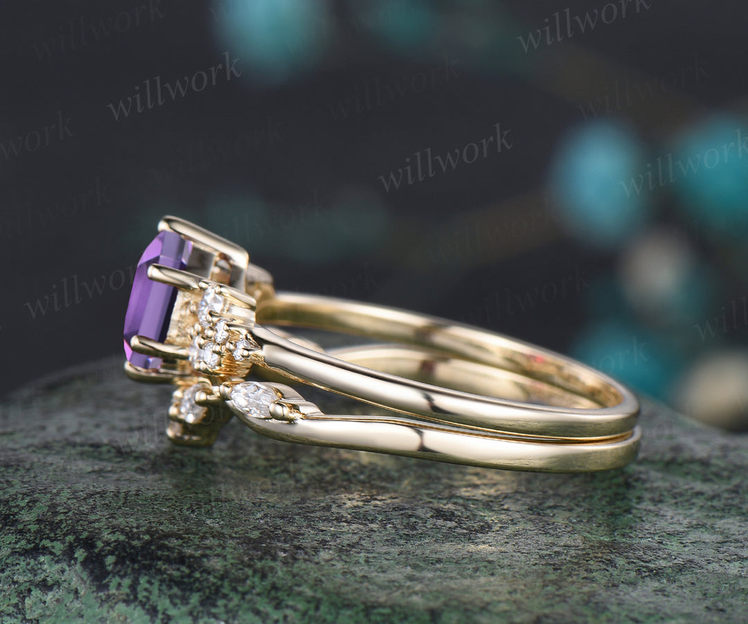 Unique February Birthstone Hexagon Cut Natural Amethyst Engagement Ring Set 14k Yellow Gold Moissanite Snowdrift 2pcs Bridal Ring Set