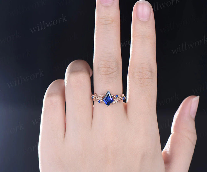 Twig Blue Sapphire ring vintage kite cut September Birthstone Blue Sapphire engagement ring nature inspired rose gold ring leaf women unique wedding ring