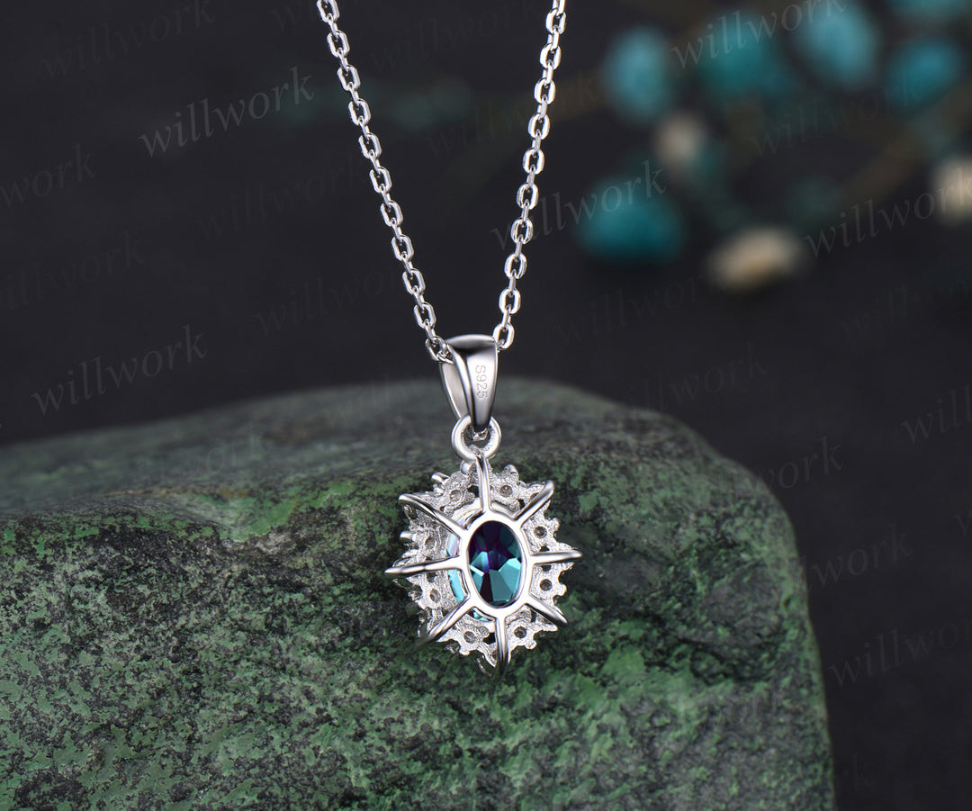 Minimalist Oval Cut Alexandrite Necklace Delicate Moissanite Halo Pendant June Birthstone Custom Bridal Necklace Anniversary Jewelry
