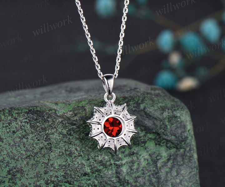 Unique Round Cut Natural Garnet Necklace Minimalist Double Halo Moissanite Black Spinel Diamond Pendant 14k White Gold January Birthstone Jewelry