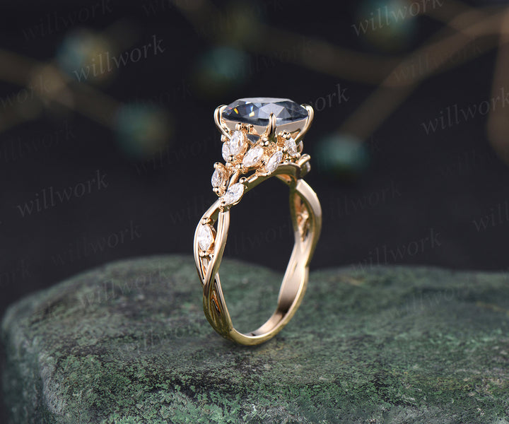 2ct princess cut gray moissanite engagement ring marquise moissanite cluster twig band proposal ring floral nature inspired ring for women