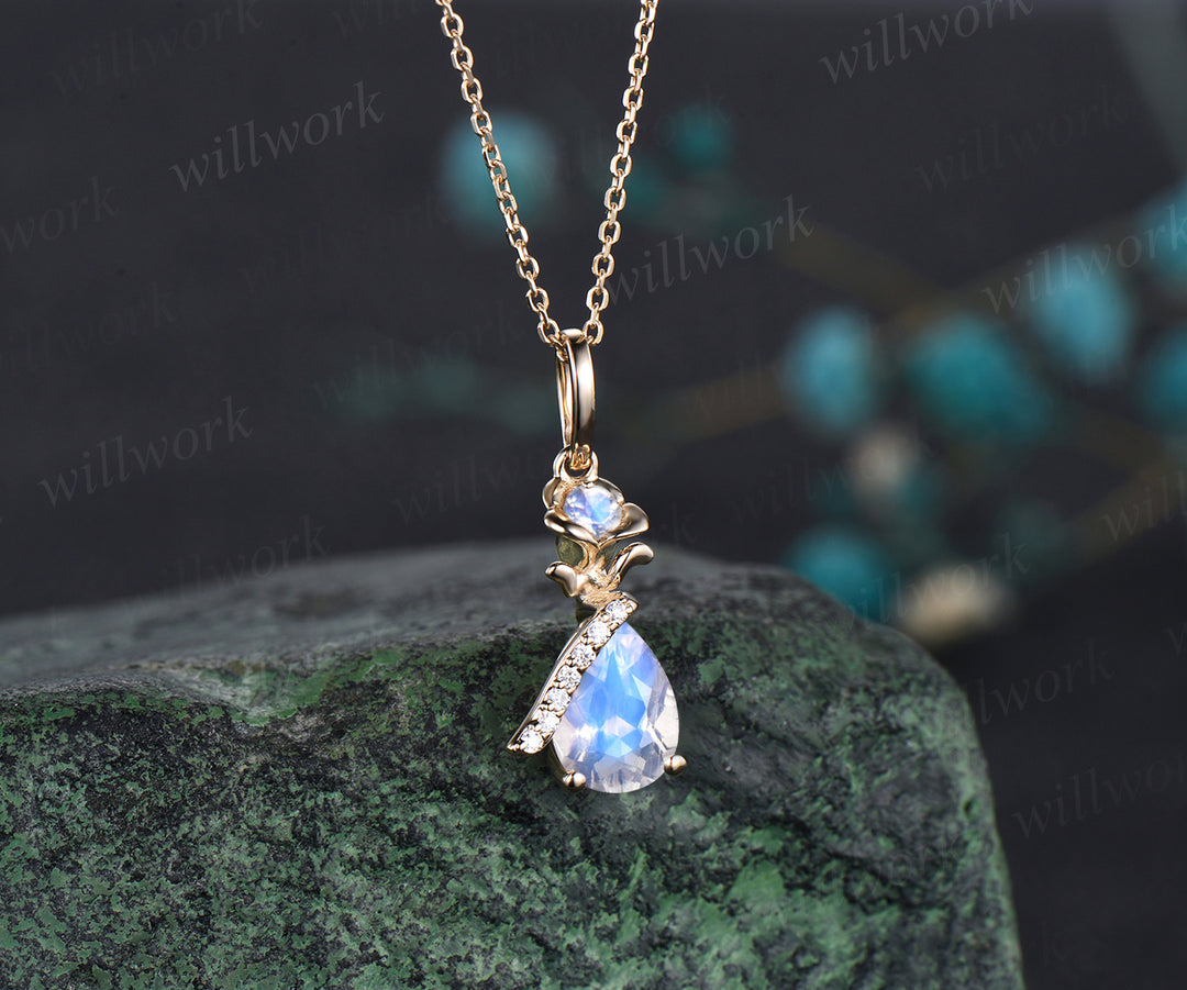 Delicate Pear Cut June Birthstone Natural Moonstone Necklace Flower Moissanite Floral Nature Inspired Pendant 14k Yellow Gold Bridal Gift