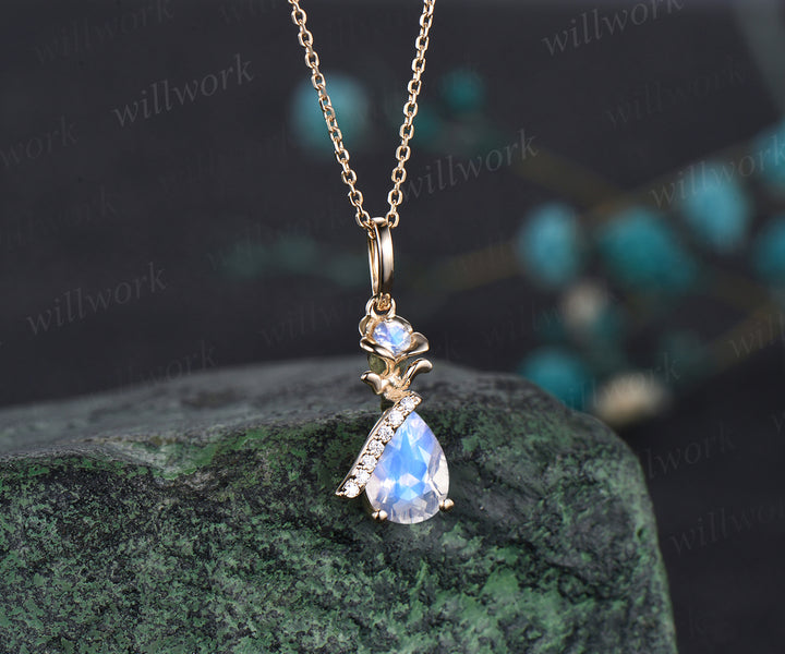 Delicate Pear Cut June Birthstone Natural Moonstone Necklace Flower Moissanite Floral Nature Inspired Pendant 14k Yellow Gold Bridal Gift