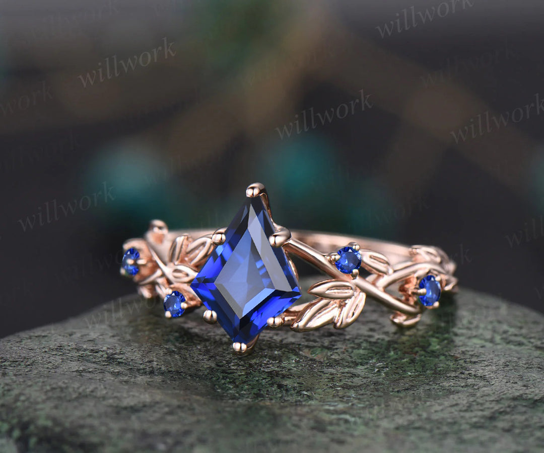 Twig Blue Sapphire ring vintage kite cut September Birthstone Blue Sapphire engagement ring nature inspired rose gold ring leaf women unique wedding ring