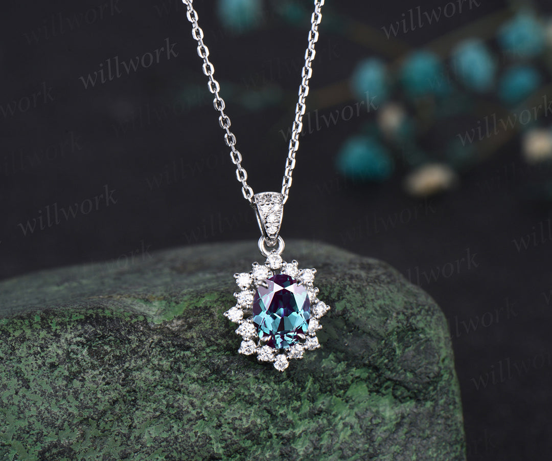 Minimalist Oval Cut Alexandrite Necklace Delicate Moissanite Halo Pendant June Birthstone Custom Bridal Necklace Anniversary Jewelry
