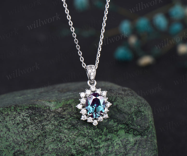 Minimalist Oval Cut Alexandrite Necklace Delicate Moissanite Halo Pendant June Birthstone Custom Bridal Necklace Anniversary Jewelry