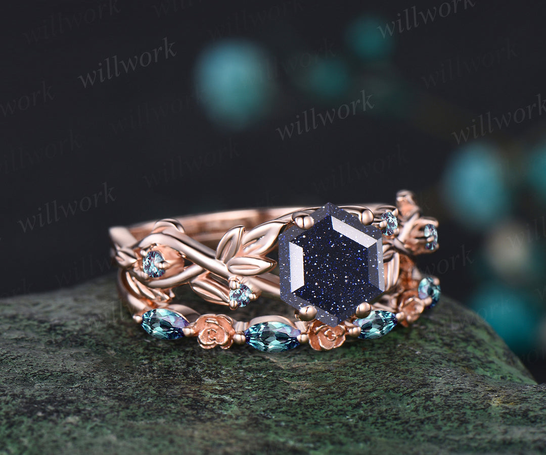 Unique Leaf Flower Vine Twig Branch Nature Inspired Engagement Ring Set Galaxy Blue Sandstone Alexandrite Wedding Ring 14k Rose Gold 2pcs Bridal Ring Set