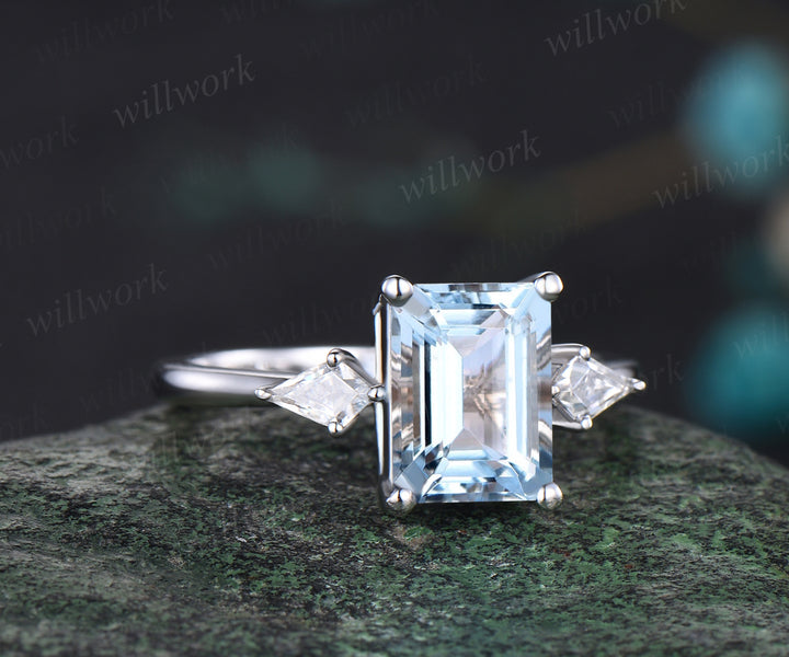 Unique March Birthstone Emerald Cut Natural Aquamarine Engagement Ring Kite Moissanite Three Stone Ring 14k White Gold Bridal Gift For Women
