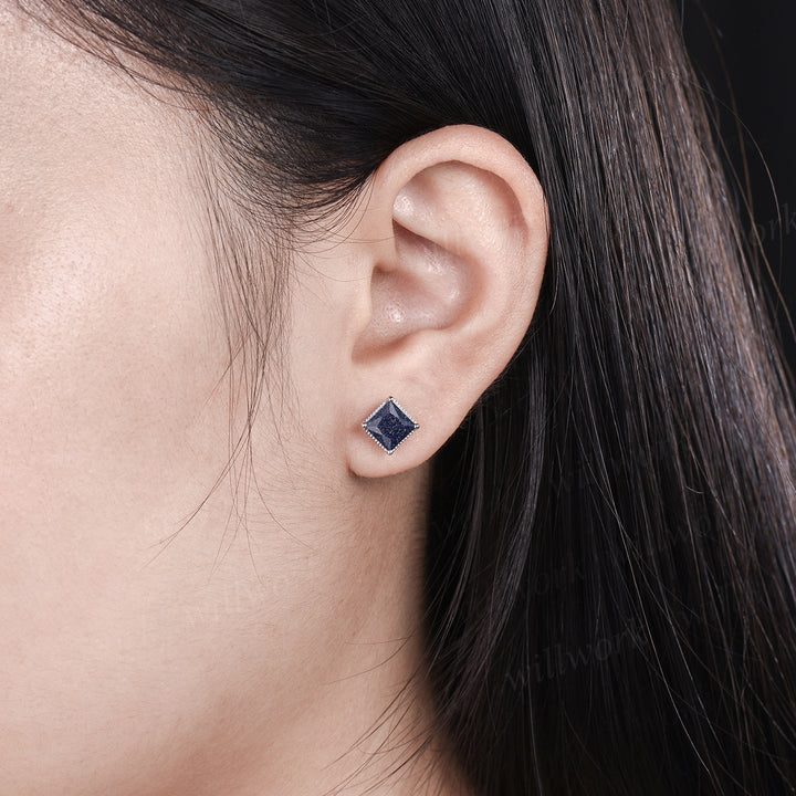 Milgrain Princess Cut Blue Sandstone Solitaire Earrings Vintage Antique Blue Gemstone Galaxy Healing Stud Earrings Delicate Night Sky Promise Earrings