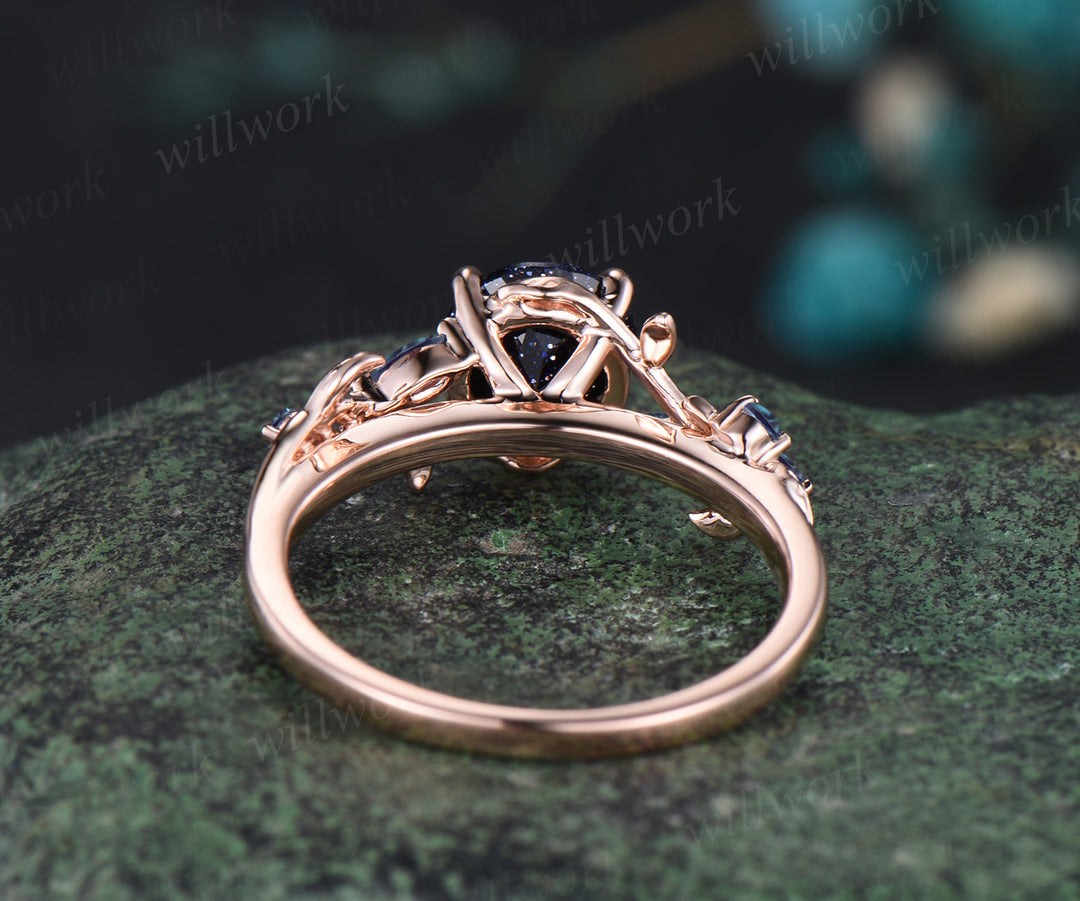 Galaxy Round Cut Blue Sandstone Engagement Ring Leaf Vine Twig Branch Nature Inspired Wedding Ring Alexandrite Bridal Ring Floral Healing Jewelry