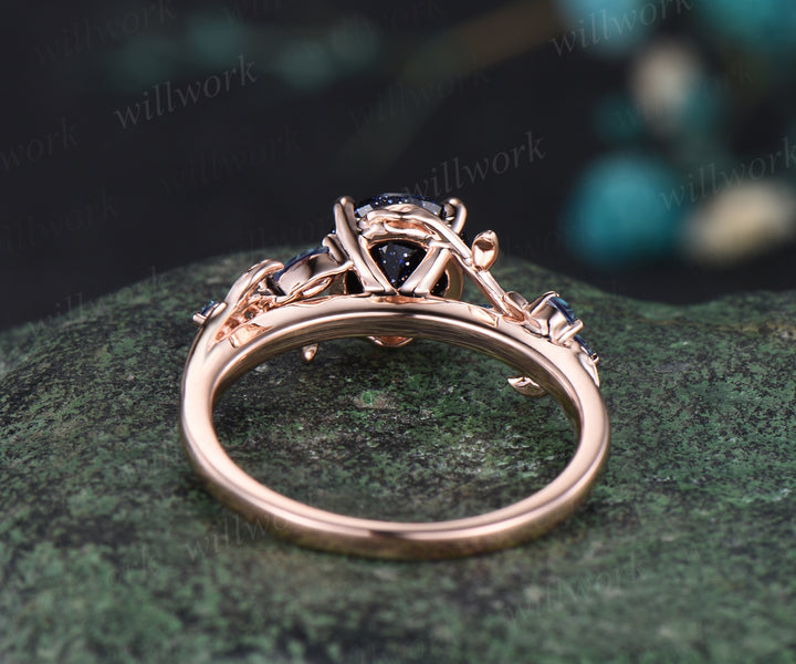 Galaxy Round Cut Blue Sandstone Engagement Ring Leaf Vine Twig Branch Nature Inspired Wedding Ring Alexandrite Bridal Ring Floral Healing Jewelry