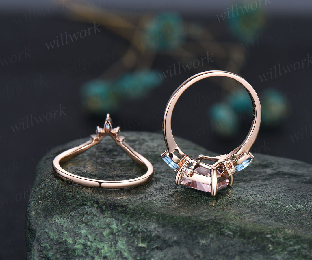 Art Deco Princess Cut Natural Morganite Engagement Ring Set 14k Rose Gold Blue Topaz Moissanite 3pcs Bridal Ring Set