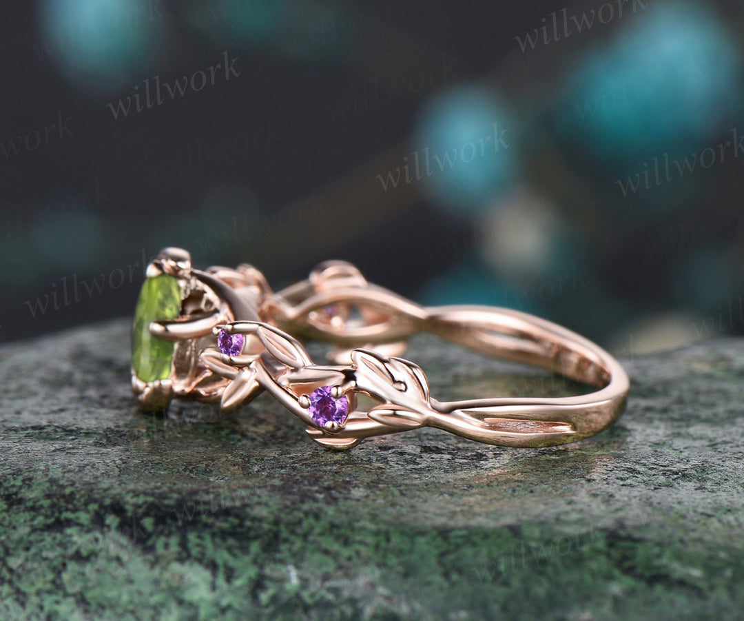 Unique Leaf Vine Twig Branch Nature Inspired Engagement Ring Art Deco Round Cut August Birthstone Natural Peridot Wedding Ring Amethyst Star Moon Bridal Ring