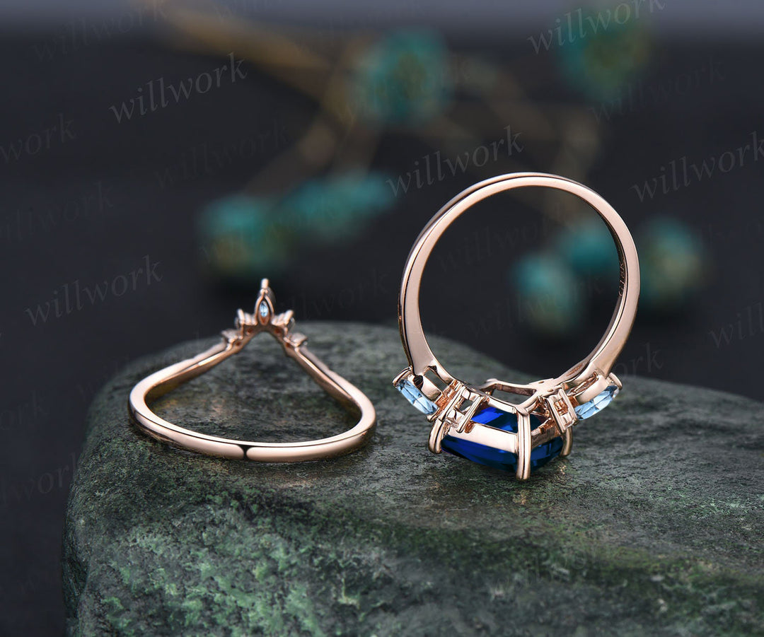 Unique Princess Cut September Birthstone Blue Sapphire Engagement Ring Set 14k Rose Gold Blue Topaz Moissanite Halo Cluster 3pcs Bridal Ring Set