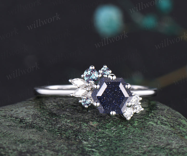 Galaxy Hexagon Cut Blue Sandstone Engagement Ring Moissanite Diamond Alexandrite Cluster Wedding Ring 14k White Gold Healing Jewelry