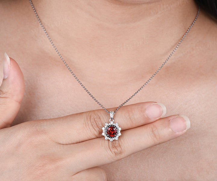 Unique Round Cut Natural Garnet Necklace Minimalist Double Halo Moissanite Black Spinel Diamond Pendant 14k White Gold January Birthstone Jewelry