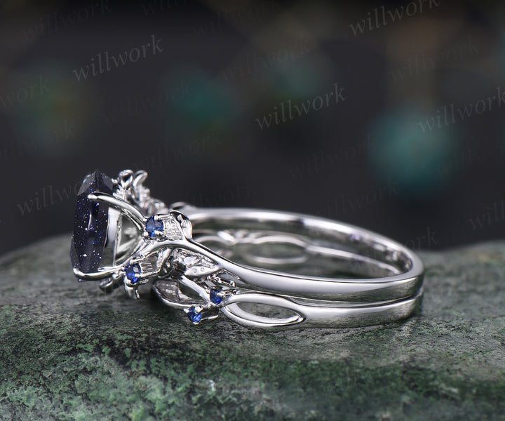 Unique Blue Sandstone Engagement Ring Set Leaf Vine Twig Branch Nature Inspired Ring Set Blue Sapphire 2pcs Bridal Ring Set