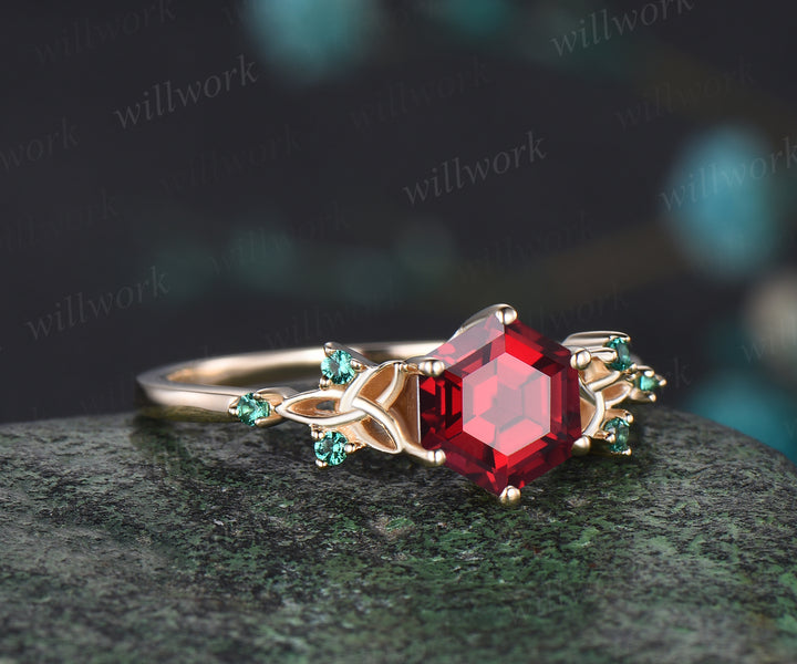 Vintage July Birthstone Hexagon Cut Ruby Engagement Ring Art Deco Celtic Knot Wedding Ring Antique Seven Stone Emerald Bridal Ring Mother Gift
