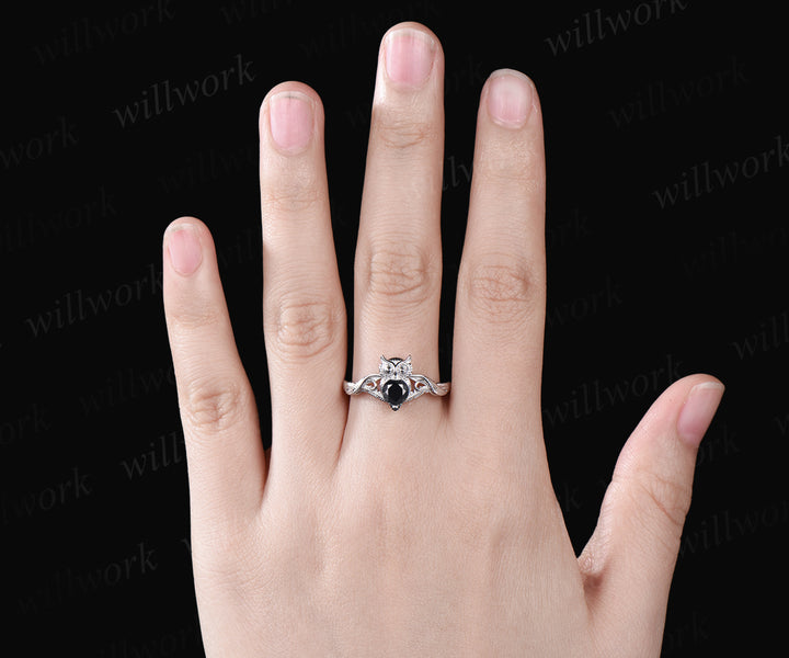 Unique Branch Twig Vine Owl Engagement Ring Round Black Onyx Wedding Ring Cute Owl Antique Nature Inspired Black Onyx Jewelry