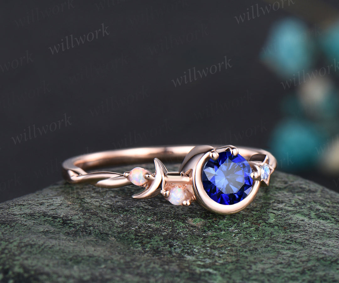 Round Cut September Birthstone Blue Sapphire Engagement Ring Unique Moon Star Twisted Ring Art Deco Opal Moonstone Anniversary Gift Women Jewelry