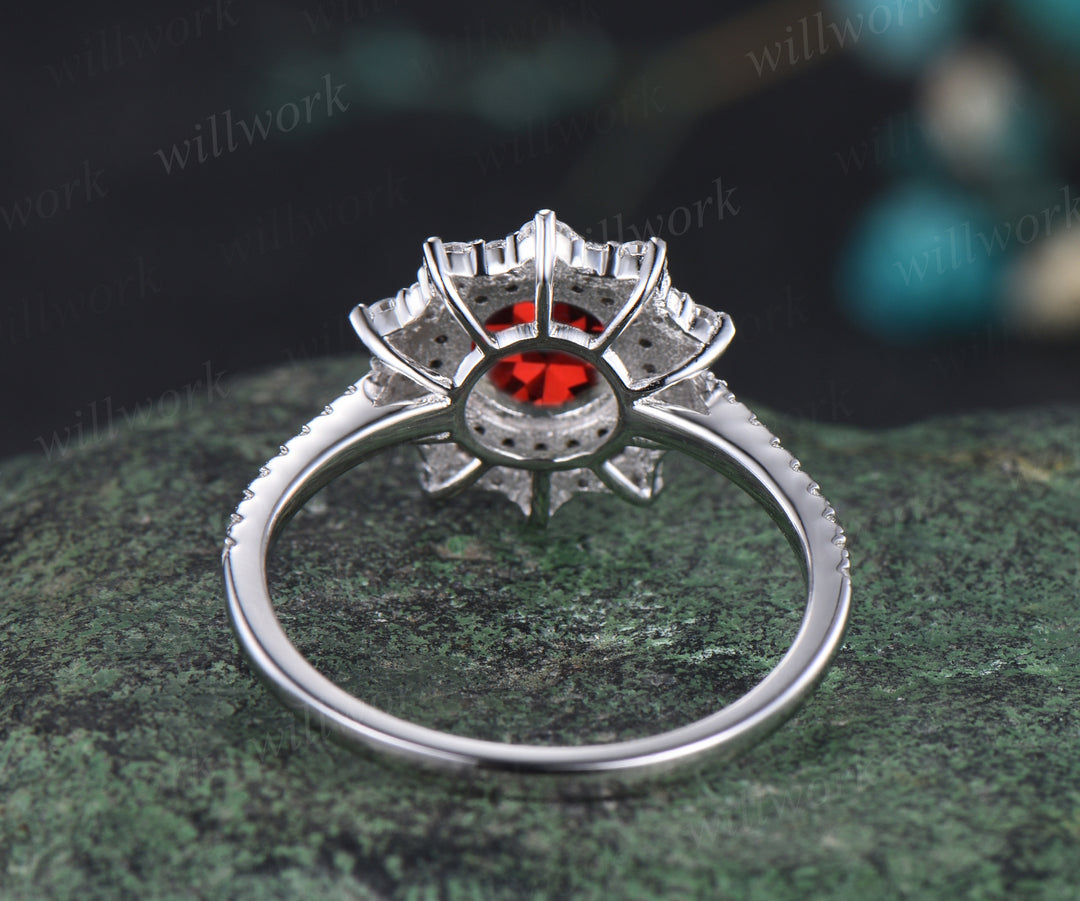 January Birthstone Natural Garnet Engagement Ring Unique Round Cut Garnet Double Halo Black Diamond Spinel Moissanite Wedding Ring
