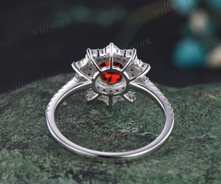 January Birthstone Natural Garnet Engagement Ring Unique Round Cut Garnet Double Halo Black Diamond Spinel Moissanite Wedding Ring