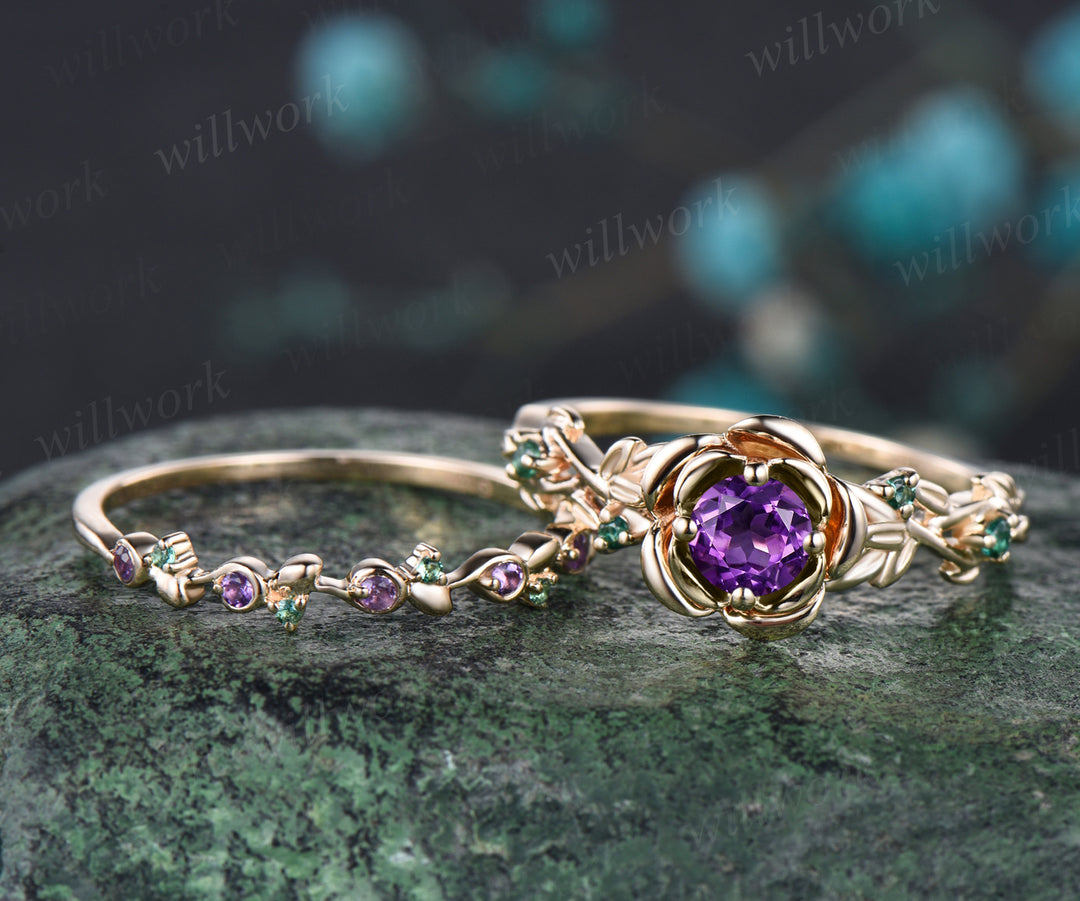 Round Cut February Birthstone Natural Amethyst Engagement Ring Set Unique Emerald Rose Flower Leaf Floral Vine Twig Branch Nature Inspired 2pcs Bridal Wedding Ring Set