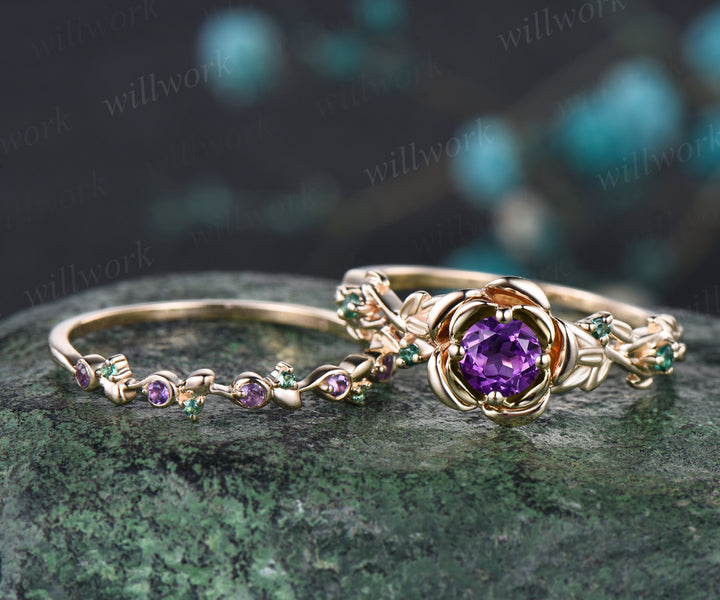 Round Cut February Birthstone Natural Amethyst Engagement Ring Set Unique Emerald Rose Flower Leaf Floral Vine Twig Branch Nature Inspired 2pcs Bridal Wedding Ring Set