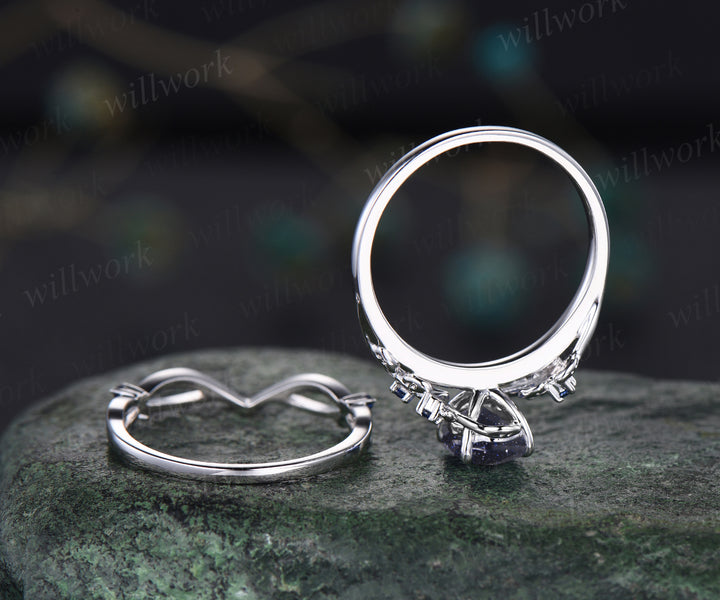 Unique Blue Sandstone Engagement Ring Set Leaf Vine Twig Branch Nature Inspired Ring Set Blue Sapphire 2pcs Bridal Ring Set