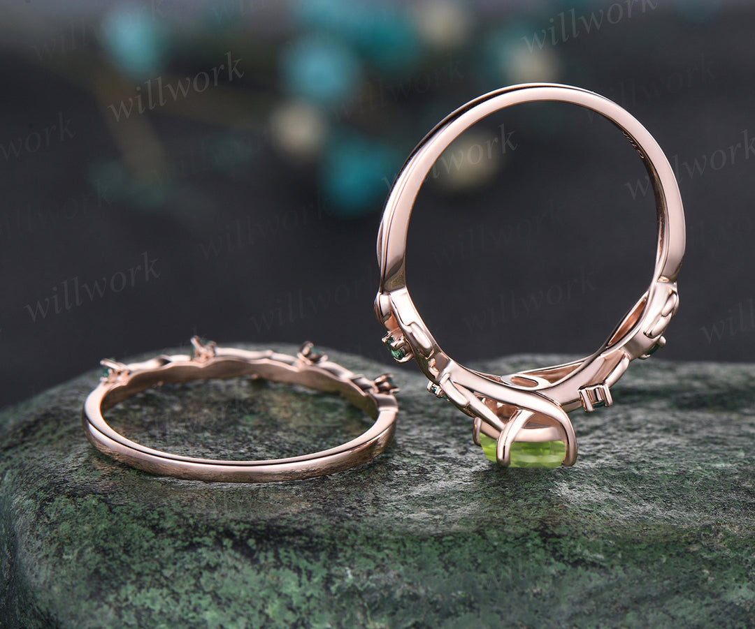Pear Shaped August Birthstone Natural Peridot Engagement Ring Set Unique Leaf Floral Vine Twig Branch Nature Inspired Emerald Ring 14k Rose Gold 2pcs Bridal Ring Set