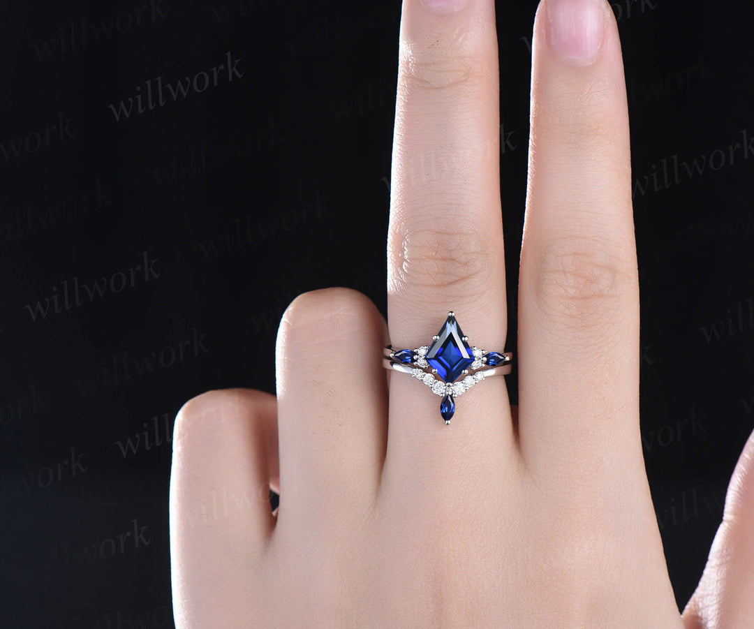 Unique Kite Cut September Birthstone Blue Sapphire Engagement Ring Set Art Deco Moissanite Diamond Curved V Shaped Wedding Band
