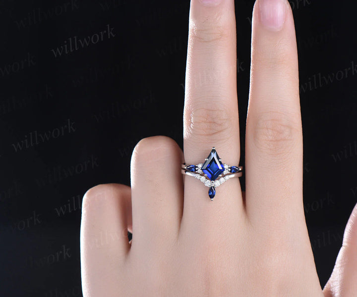 Unique Kite Cut September Birthstone Blue Sapphire Engagement Ring Set Art Deco Moissanite Diamond Curved V Shaped Wedding Band