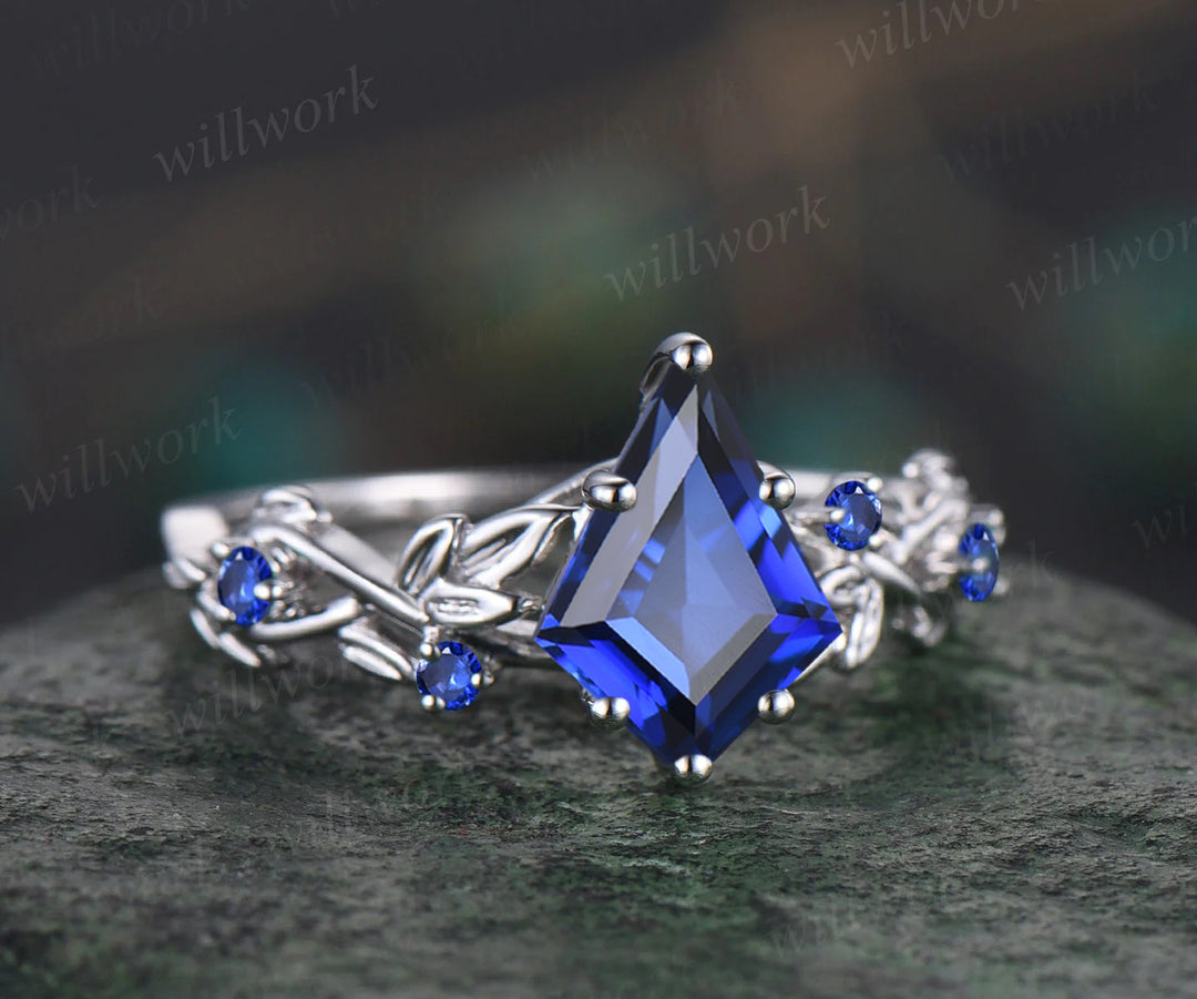 Twig Blue Sapphire ring vintage kite cut September Birthstone Blue Sapphire engagement ring nature inspired rose gold ring leaf women unique wedding ring
