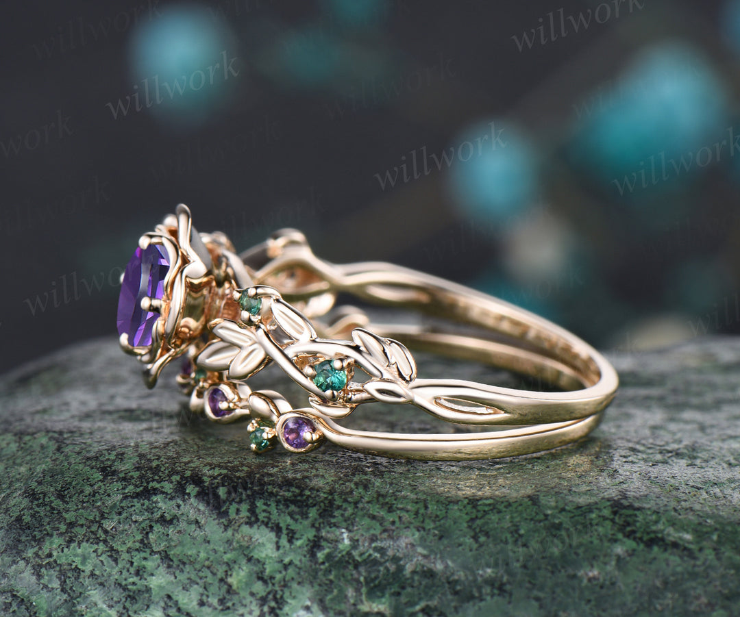 Round Cut February Birthstone Natural Amethyst Engagement Ring Set Unique Emerald Rose Flower Leaf Floral Vine Twig Branch Nature Inspired 2pcs Bridal Wedding Ring Set