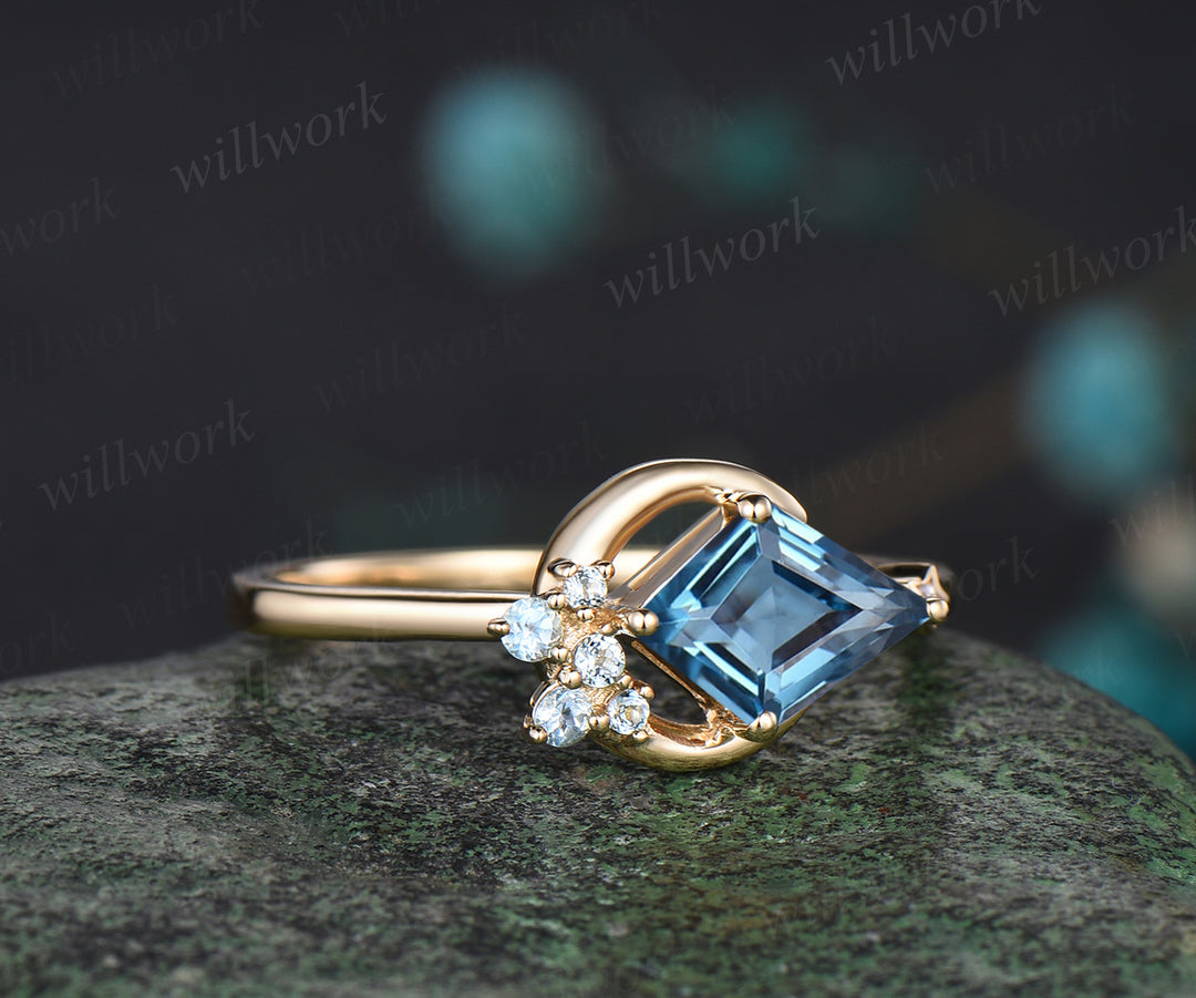 Delicate Kite Cut Natural London Blue Topaz Engagement Ring Unique December Birthstone Blue Topaz Cluster Moon Star Wedding Ring Promise Gift For Women
