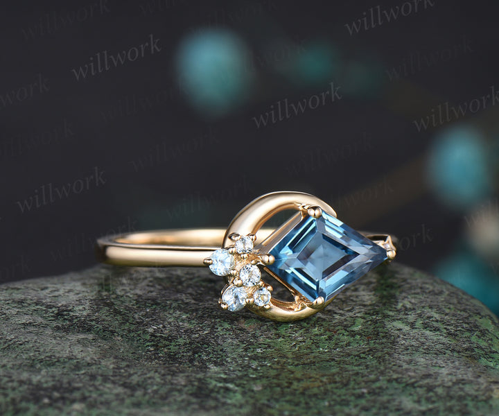 Delicate Kite Cut Natural London Blue Topaz Engagement Ring Unique December Birthstone Blue Topaz Cluster Moon Star Wedding Ring Promise Gift For Women