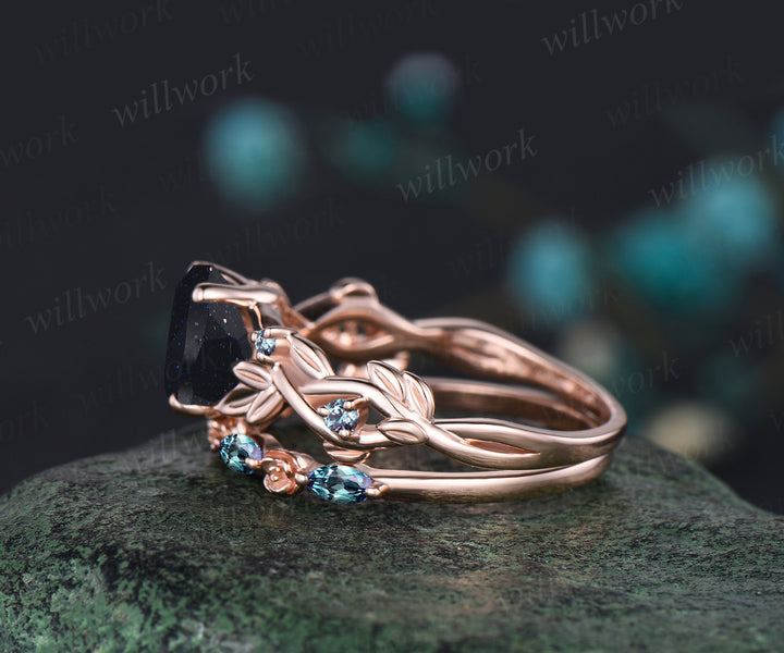 Unique Leaf Flower Vine Twig Branch Nature Inspired Engagement Ring Set Galaxy Blue Sandstone Alexandrite Wedding Ring 14k Rose Gold 2pcs Bridal Ring Set