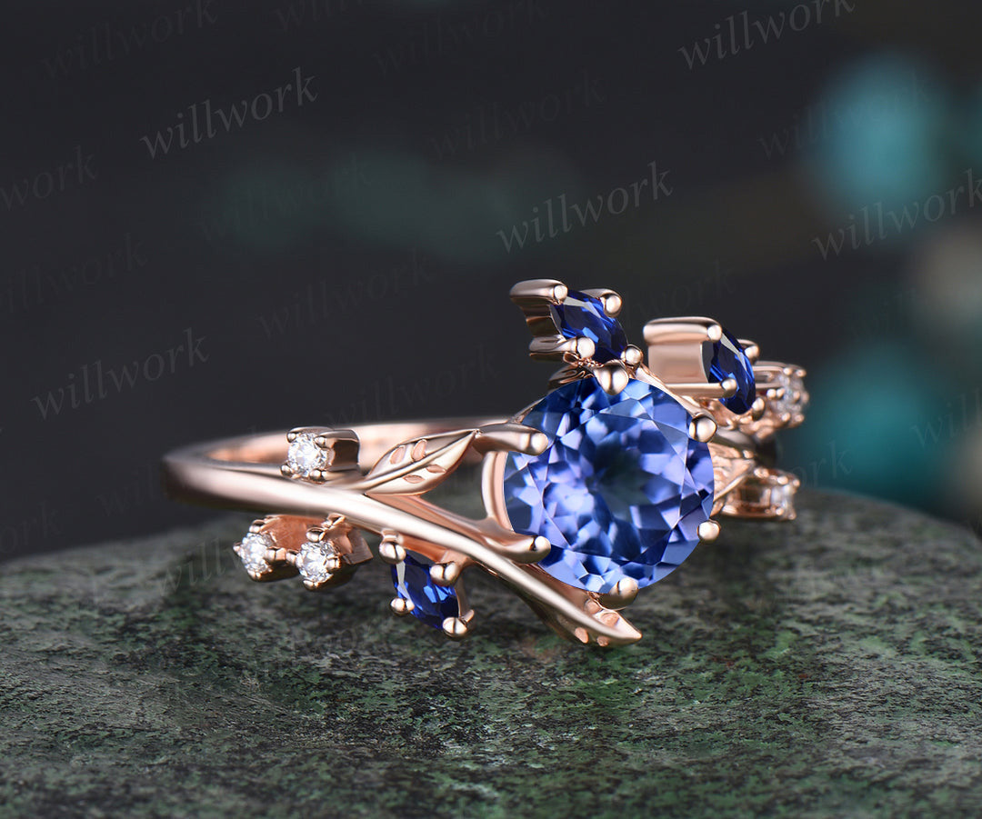 Round natural tanzanite engagement ring art deco blue sapphire moissanite leaf vine twig ring nature inspired bridal ring