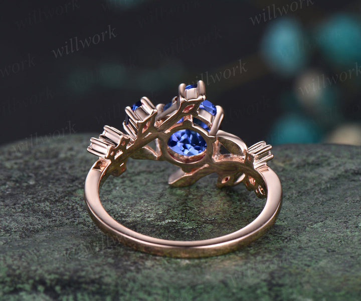 Round natural tanzanite engagement ring art deco blue sapphire moissanite leaf vine twig ring nature inspired bridal ring