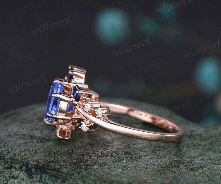 Round natural tanzanite engagement ring art deco blue sapphire moissanite leaf vine twig ring nature inspired bridal ring