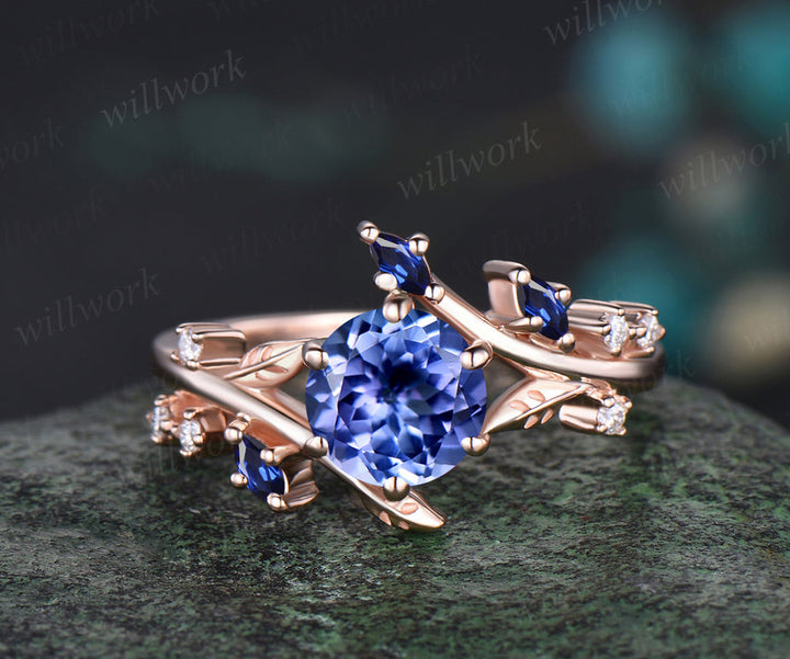 Round natural tanzanite engagement ring art deco blue sapphire moissanite leaf vine twig ring nature inspired bridal ring