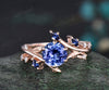Round natural tanzanite engagement ring art deco blue sapphire moissanite leaf vine twig ring nature inspired bridal ring