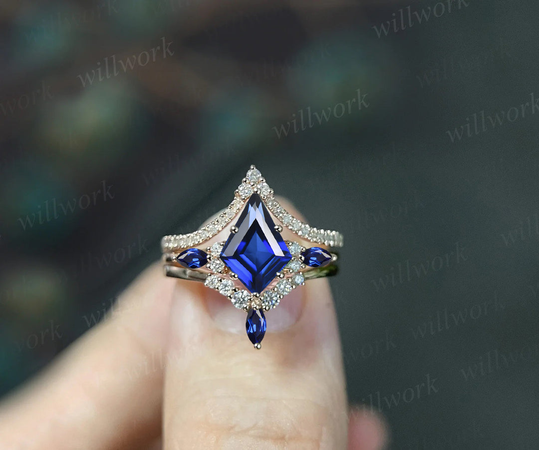 Unique Kite Cut September Birthstone Blue Sapphire Engagement Ring Set Art Deco Moissanite Diamond Curved V Shaped Wedding Band