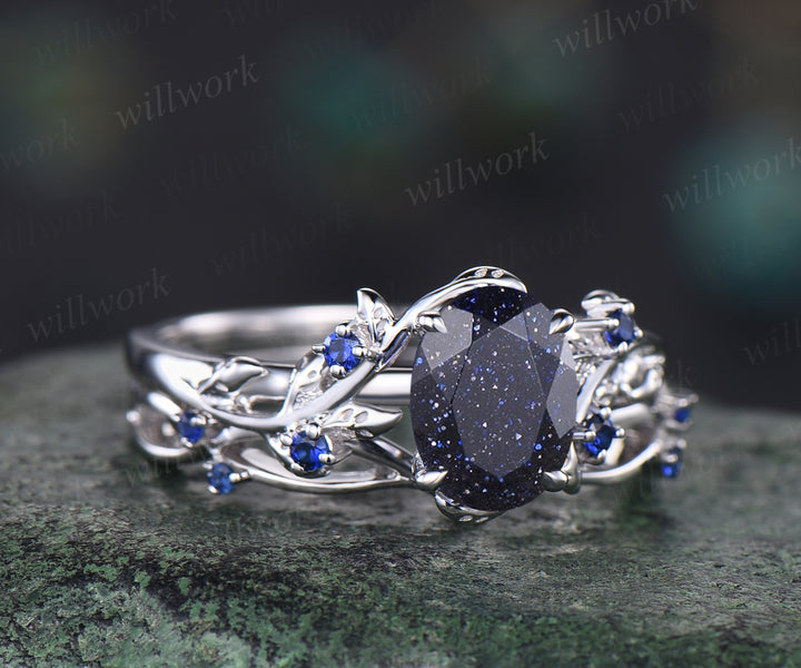 Unique Blue Sandstone Engagement Ring Set Leaf Vine Twig Branch Nature Inspired Ring Set Blue Sapphire 2pcs Bridal Ring Set