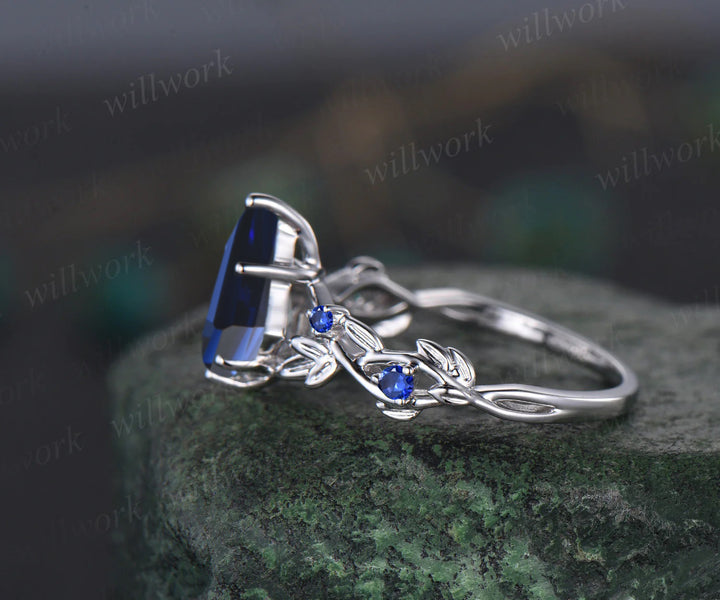 Twig Blue Sapphire ring vintage kite cut September Birthstone Blue Sapphire engagement ring nature inspired rose gold ring leaf women unique wedding ring