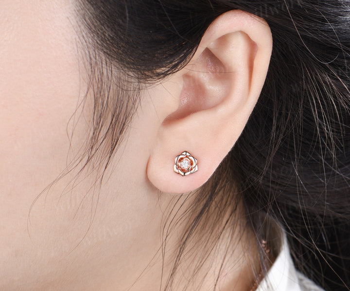 Round lab grown diamond rose stud earrings solid rose gold dainty flower earrings piercing jewelry for women