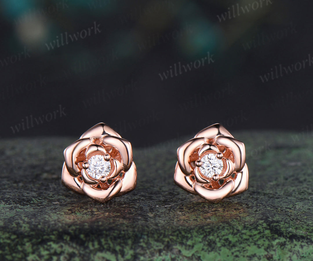 Round lab grown diamond rose stud earrings solid rose gold dainty flower earrings piercing jewelry for women